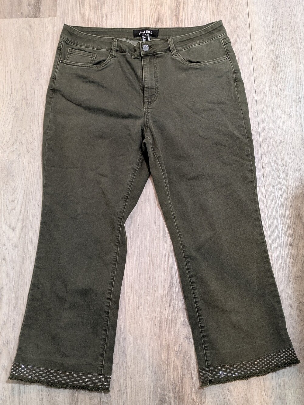 Joseph Ribkoff Women’s Size 16 Olive Rhinestone‑Hem Jeans